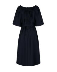 Off-Shoulder Linen Midi Dress with Flared Sleeves and Adjustable Waist Belt for Elegant Fit