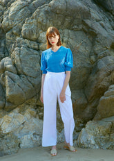 Linen Blouse With Voluminous Sleeves And V-Neckline