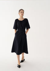 Off-Shoulder Linen Midi Dress with Flared Sleeves and Adjustable Waist Belt for Elegant Fit