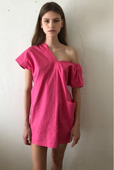 One-Shoulder Asymmetric Puff Sleeve Linen Dress with Mini Silhouette and Side Pocket