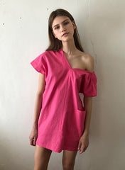 One-Shoulder Asymmetric Puff Sleeve Linen Dress with Mini Silhouette and Side Pocket