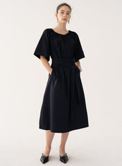 Off-Shoulder Linen Midi Dress with Flared Sleeves and Adjustable Waist Belt for Elegant Fit