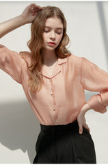 Silk Button-Down Shirt with Lapel Collar and Sheer Draping Texture for Effortless Chic Style