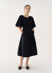 Off-Shoulder Linen Midi Dress with Flared Sleeves and Adjustable Waist Belt for Elegant Fit