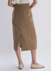High-Waisted Linen Midi Skirt with Tailored Seams and Sleek Back Slit for Elegant Style