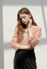 Silk Button-Down Shirt with Lapel Collar and Sheer Draping Texture for Effortless Chic Style