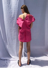 One-Shoulder Asymmetric Puff Sleeve Linen Dress with Mini Silhouette and Side Pocket