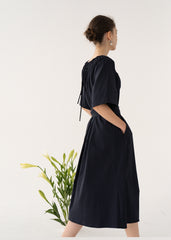 Off-Shoulder Linen Midi Dress with Flared Sleeves and Adjustable Waist Belt for Elegant Fit