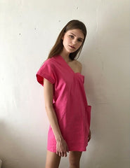 One-Shoulder Asymmetric Puff Sleeve Linen Dress with Mini Silhouette and Side Pocket