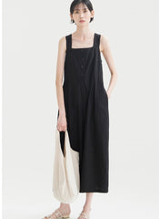 Sleeveless Linen Midi Dress with Wide Straps and Front Button Detail for Elegant Summer Style