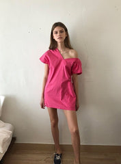 One-Shoulder Asymmetric Puff Sleeve Linen Dress with Mini Silhouette and Side Pocket