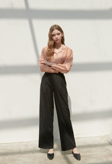 Silk Button-Down Shirt with Lapel Collar and Sheer Draping Texture for Effortless Chic Style