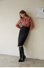 High-Waisted Checked Linen Midi Skirt with Asymmetric Hem and Tailored Fit