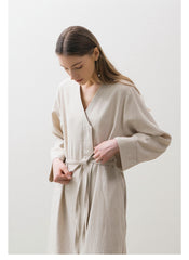 Double-Breasted Linen Coat Dress with Waist Tie and Button Detailing for Versatile Styling