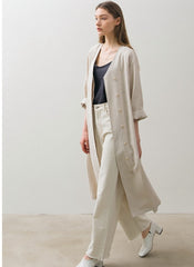 Double-Breasted Linen Coat Dress with Waist Tie and Button Detailing for Versatile Styling