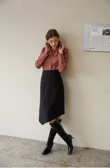 High-Waisted Checked Linen Midi Skirt with Asymmetric Hem and Tailored Fit