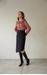 High-Waisted Checked Linen Midi Skirt with Asymmetric Hem and Tailored Fit