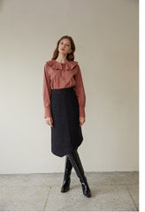 High-Waisted Checked Linen Midi Skirt with Asymmetric Hem and Tailored Fit