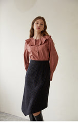 High-Waisted Checked Linen Midi Skirt with Asymmetric Hem and Tailored Fit