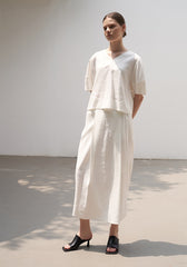 High-Waisted Buttoned Midi Skirt in Premium Linen Blend with Back Slit Detail