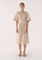 Off-Shoulder Linen Midi Dress with Wide Sleeves and Buttoned Belt for Effortless Elegance