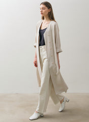 Double-Breasted Linen Coat Dress with Waist Tie and Button Detailing for Versatile Styling