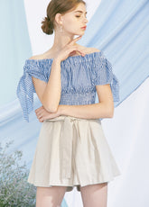 Off-Shoulder Linen Blend Gingham Blouse with Smocked Bodice and Tie Sleeves for Summer