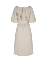 Off-Shoulder Linen Midi Dress with Wide Sleeves and Buttoned Belt for Effortless Elegance