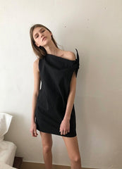 Asymmetric One-Shoulder Mini Dress in Lightweight Linen Fabric with Pocket Detailing