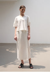 High-Waisted Buttoned Midi Skirt in Premium Linen Blend with Back Slit Detail