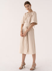 Off-Shoulder Linen Midi Dress with Wide Sleeves and Buttoned Belt for Effortless Elegance