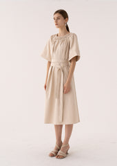 Off-Shoulder Linen Midi Dress with Wide Sleeves and Buttoned Belt for Effortless Elegance