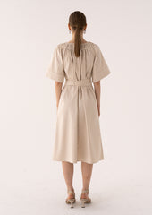 Off-Shoulder Linen Midi Dress with Wide Sleeves and Buttoned Belt for Effortless Elegance