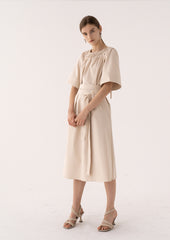 Off-Shoulder Linen Midi Dress with Wide Sleeves and Buttoned Belt for Effortless Elegance