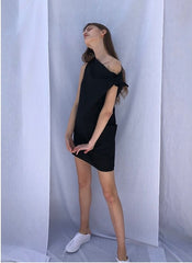 Asymmetric One-Shoulder Mini Dress in Lightweight Linen Fabric with Pocket Detailing