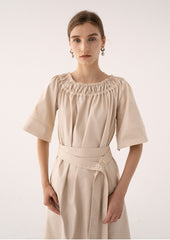 Off-Shoulder Linen Midi Dress with Wide Sleeves and Buttoned Belt for Effortless Elegance