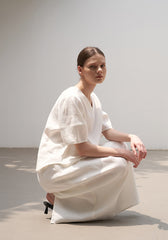 High-Waisted Buttoned Midi Skirt in Premium Linen Blend with Back Slit Detail