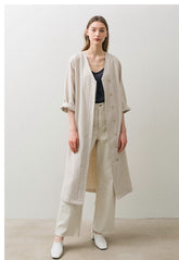 Double-Breasted Linen Coat Dress with Waist Tie and Button Detailing for Versatile Styling