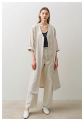 Double-Breasted Linen Coat Dress with Waist Tie and Button Detailing for Versatile Styling
