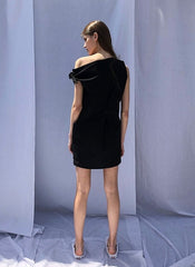 Asymmetric One-Shoulder Mini Dress in Lightweight Linen Fabric with Pocket Detailing