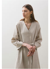 Double-Breasted Linen Coat Dress with Waist Tie and Button Detailing for Versatile Styling