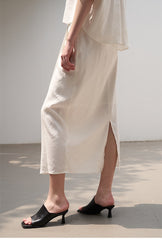 High-Waisted Buttoned Midi Skirt in Premium Linen Blend with Back Slit Detail