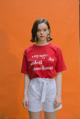 Relaxed Fit Linen T-Shirt with Bold French Text Print and Lightweight Natural Fabric