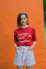 Relaxed Fit Linen T-Shirt with Bold French Text Print and Lightweight Natural Fabric