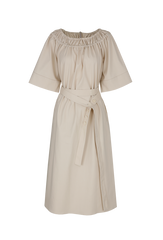Off-Shoulder Linen Midi Dress with Wide Sleeves and Buttoned Belt for Effortless Elegance