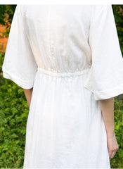 Wrap-Front Linen Midi Dress with Waist Tie and Wide Sleeves for Effortless Feminine Style