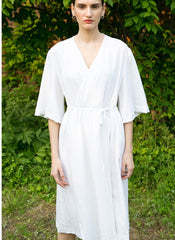 Wrap-Front Linen Midi Dress with Waist Tie and Wide Sleeves for Effortless Feminine Style