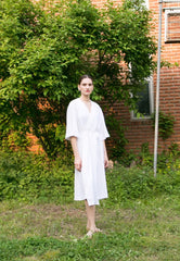 Wrap-Front Linen Midi Dress with Waist Tie and Wide Sleeves for Effortless Feminine Style