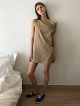 One-Shoulder Asymmetric Linen Mini Dress with Bow Detail and Side Pocket