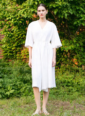 Wrap-Front Linen Midi Dress with Waist Tie and Wide Sleeves for Effortless Feminine Style